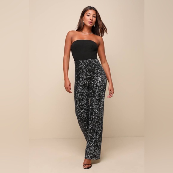Lulus Black Sequin Strapless Straight Leg Jumpsuit sz S new no tag - Picture 4 of 9